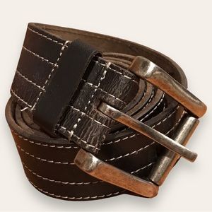 Black Leather Belt with White Top Stitch and Heavy Metal Buckle - L